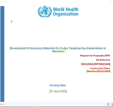 Request for Proposals: Development Of Advocacy Materials On Codex Targeting Key Stakeholders In Mauritius